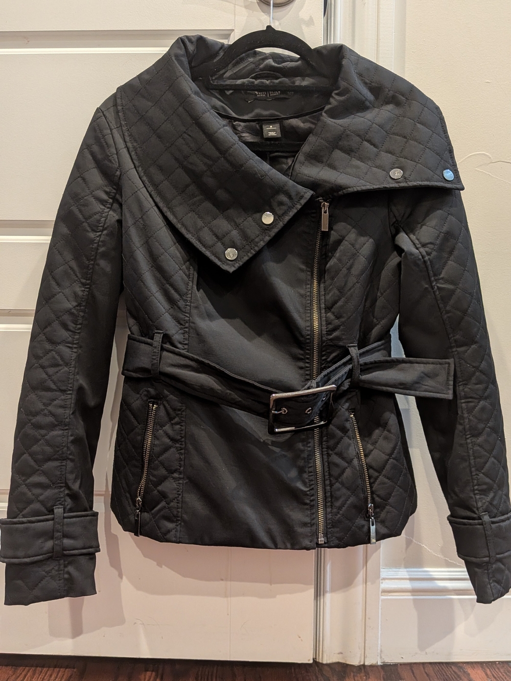 White House Black Market Black Quilted Belted Moto Jacket